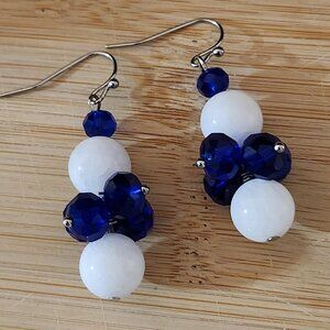 Hand Crafted Pierced Drop Earrings White Jade Royal Blue Crystals 1.5 inches